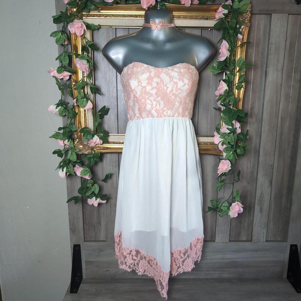 Coquette Pink and White Lace Slip Strapless Babydoll Dress size S-M
